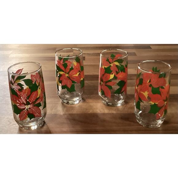 Set 4 Vintage Anchor Hocking Christmas Poinsettia 12 Oz Tumbler Drinking Glasses - Picture 7 of 9
